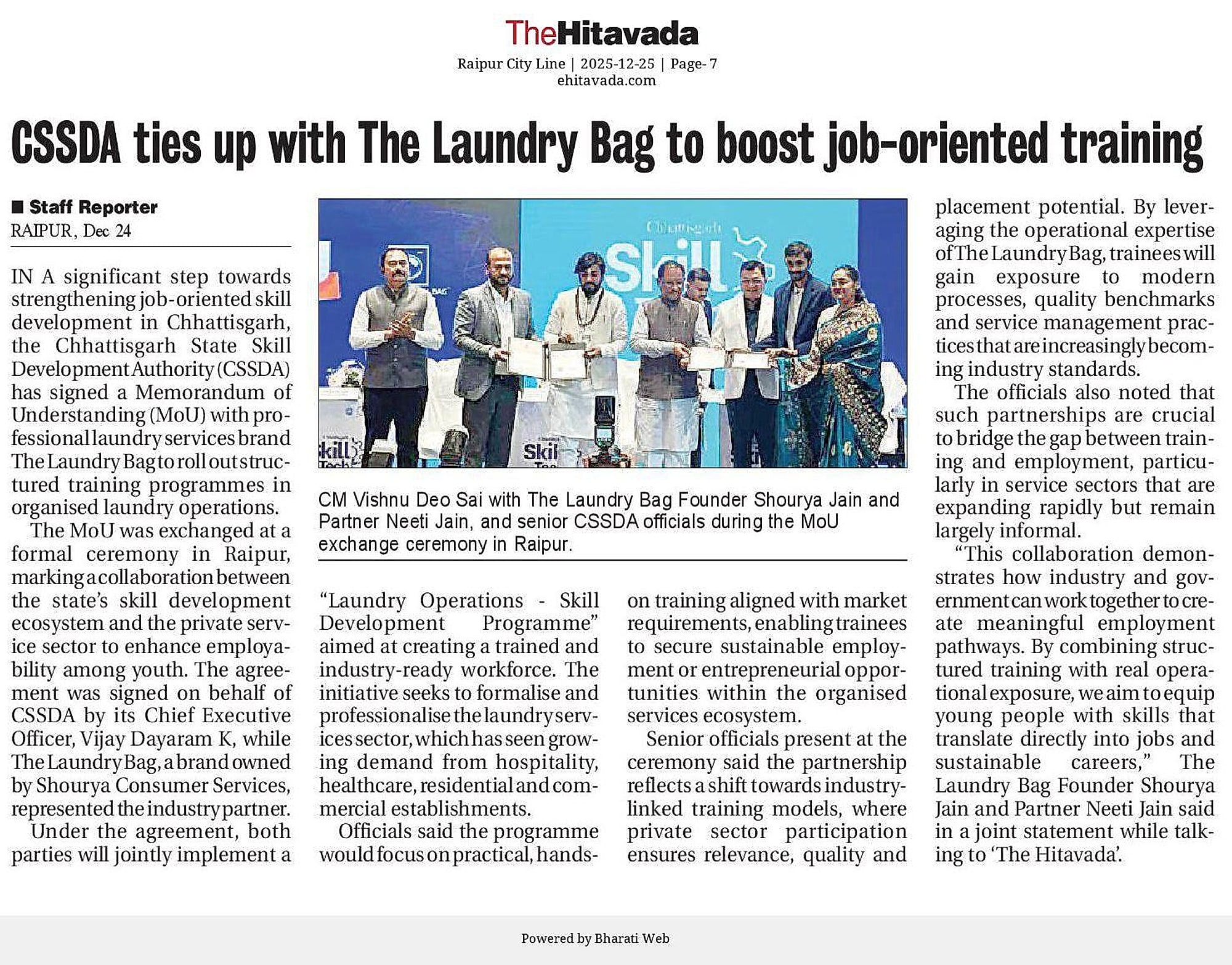 The Hitavada article: ‘CSSDA ties up with The Laundry Bag to boost job-oriented training’, Raipur, 25 December 2025.